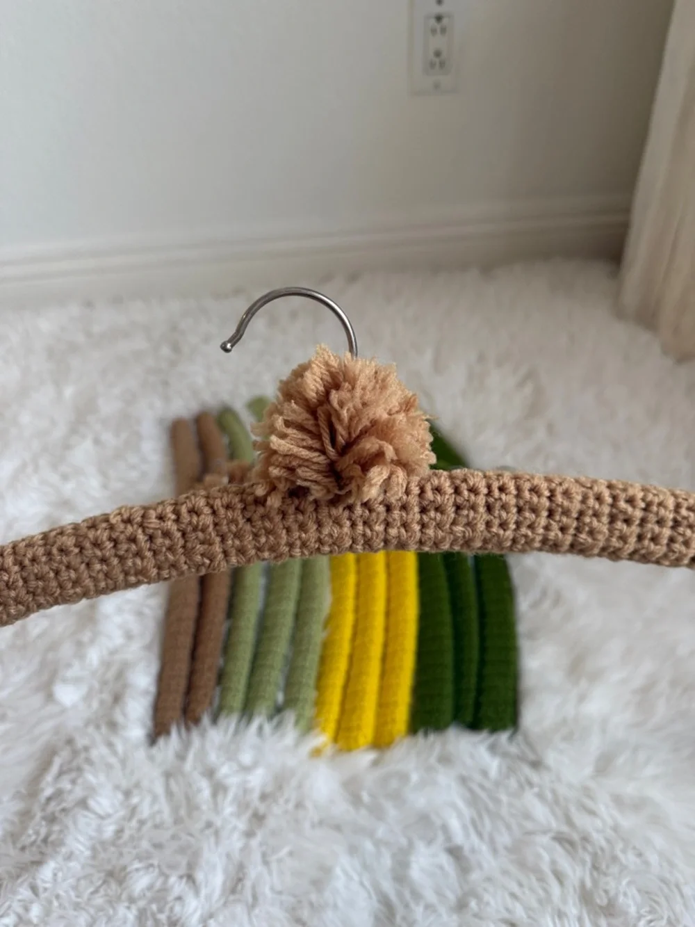 Set of Crocheted Padded Hangers in Brown, Sage, Yellow & Olive